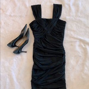 Black tulle shirred cocktail dress with side zip